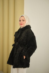 Yaka Bağlamalı Peluş Hırka Siyah