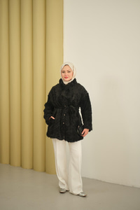 Yaka Bağlamalı Peluş Hırka Siyah