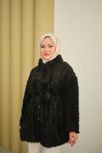 Yaka Bağlamalı Peluş Hırka Siyah