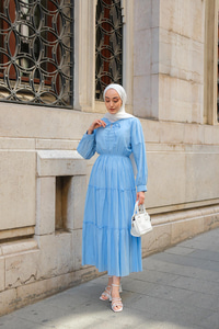 Yaka Bağlamalı Viyana Elbise Açık Mavi