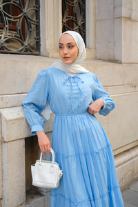 Yaka Bağlamalı Viyana Elbise Açık Mavi