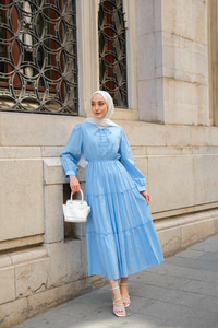 Yaka Bağlamalı Viyana Elbise Açık Mavi