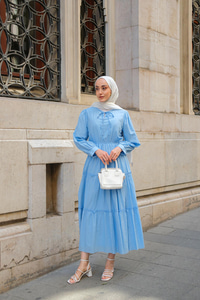 Yaka Bağlamalı Viyana Elbise Açık Mavi