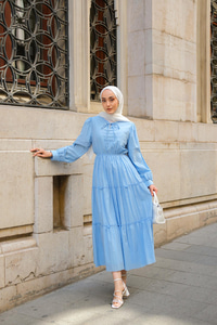 Yaka Bağlamalı Viyana Elbise Açık Mavi