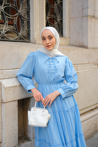 Yaka Bağlamalı Viyana Elbise Açık Mavi