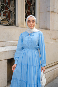 Yaka Bağlamalı Viyana Elbise Açık Mavi