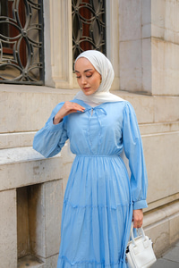 Yaka Bağlamalı Viyana Elbise Açık Mavi