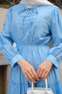 Yaka Bağlamalı Viyana Elbise Açık Mavi