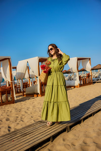 Yaka Bağlamalı Viyana Elbise Haki Yeşil