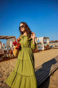 Yaka Bağlamalı Viyana Elbise Haki Yeşil