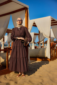 Yaka Bağlamalı Viyana Elbise Kahverengi