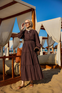 Yaka Bağlamalı Viyana Elbise Kahverengi