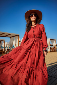 Yaka Bağlamalı Viyana Elbise Kiremit