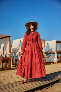 Yaka Bağlamalı Viyana Elbise Kiremit