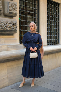Yaka Bağlamalı Viyana Elbise Lacivert
