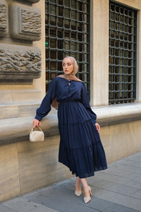 Yaka Bağlamalı Viyana Elbise Lacivert