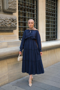 Yaka Bağlamalı Viyana Elbise Lacivert