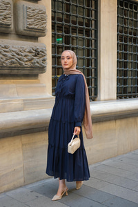 Yaka Bağlamalı Viyana Elbise Lacivert