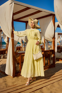 Yaka Bağlamalı Viyana Elbise Sarı