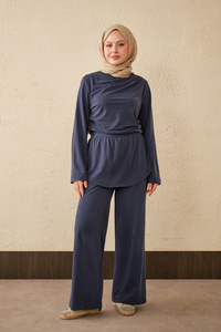Yaka Büzgü Detay Takım Lacivert