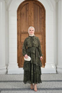 Yaka Büzgülü Bel Bağlamalı Kat Kat Şifon Elbise Yeşil