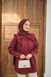 Yaka Büzgülü Bel Bağlamalı Poplin Gömlek Bordo