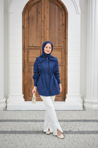 Yaka Büzgülü Bel Bağlamalı Poplin Gömlek Lacivert