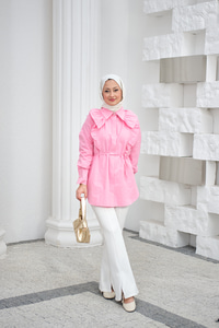 Yaka Büzgülü Bel Bağlamalı Poplin Gömlek Pembe