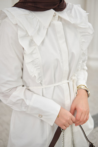 Yaka Büzgülü Bel Bağlamalı Poplin Gömlek Beyaz