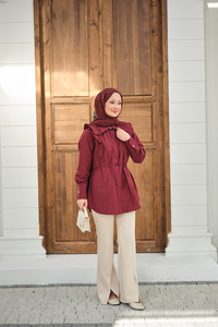 Yaka Büzgülü Bel Bağlamalı Poplin Gömlek Bordo