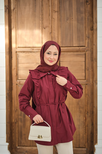 Yaka Büzgülü Bel Bağlamalı Poplin Gömlek Bordo