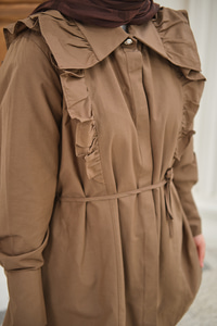 Yaka Büzgülü Bel Bağlamalı Poplin Gömlek Kahverengi