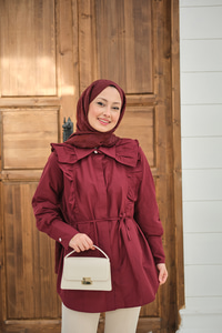 Yaka Büzgülü Bel Bağlamalı Poplin Gömlek Bordo