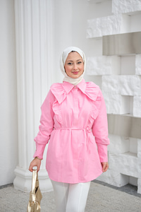 Yaka Büzgülü Bel Bağlamalı Poplin Gömlek Pembe