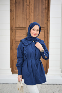 Yaka Büzgülü Bel Bağlamalı Poplin Gömlek Lacivert