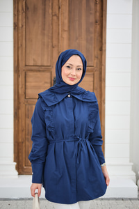 Yaka Büzgülü Bel Bağlamalı Poplin Gömlek Lacivert