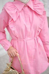 Yaka Büzgülü Bel Bağlamalı Poplin Gömlek Pembe