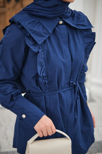 Yaka Büzgülü Bel Bağlamalı Poplin Gömlek Lacivert