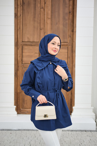 Yaka Büzgülü Bel Bağlamalı Poplin Gömlek Lacivert