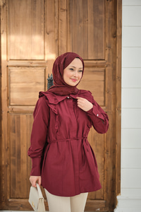 Yaka Büzgülü Bel Bağlamalı Poplin Gömlek Bordo