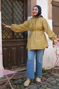 Yaka Büzgülü Bel Bağlamalı Tunik Hardal