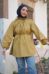 Yaka Büzgülü Bel Bağlamalı Tunik Hardal