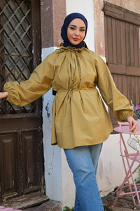 Yaka Büzgülü Bel Bağlamalı Tunik Hardal