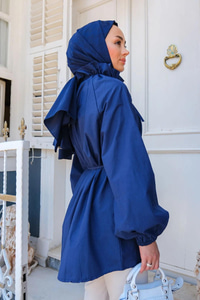 Yaka Büzgülü Bel Bağlamalı Tunik Lacivert