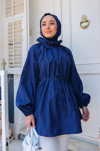 Yaka Büzgülü Bel Bağlamalı Tunik Lacivert