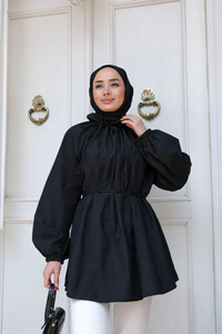 Yaka Büzgülü Bel Bağlamalı Tunik Siyah