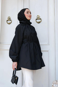 Yaka Büzgülü Bel Bağlamalı Tunik Siyah