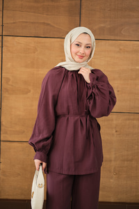 Yaka Büzgülü Bilek Bağlamalı Pantolonlu Takım Bordo