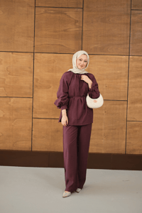 Yaka Büzgülü Bilek Bağlamalı Pantolonlu Takım Bordo