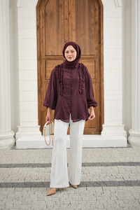 Yaka Büzgülü Gömlek Bordo